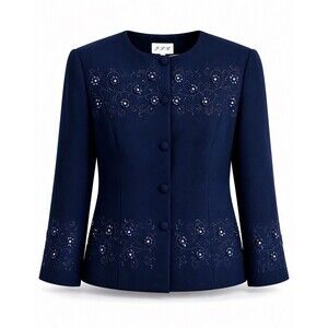 Vintage J.S.C. Navy Blue Embroidered Beaded Jacket Womens Size 14 Career
